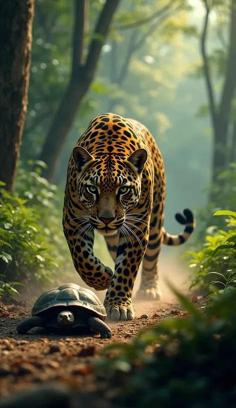 jaguar hunting tortoises, highly detailed, cinematic lighting, ultra-detailed, 8k, dramatic scene, dynamic action, jungle environment, lush vegetation, photorealistic, intricate textures, powerful predator, slow prey, intense pursuit, suspenseful moment, v...