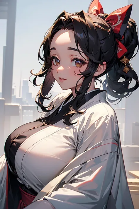 ((((High resolution, Intricate details, masterpiece, 8k)))), (((beautiful, kimono, kimono))), (One Woman, Black Hair, Red cheeks, smile, Big Breasts, Large Breasts, Huge Saggy Tits, Long Breasts, Cleavage, tits, Bursting huge breasts, Chubby, Glamour, Plum...