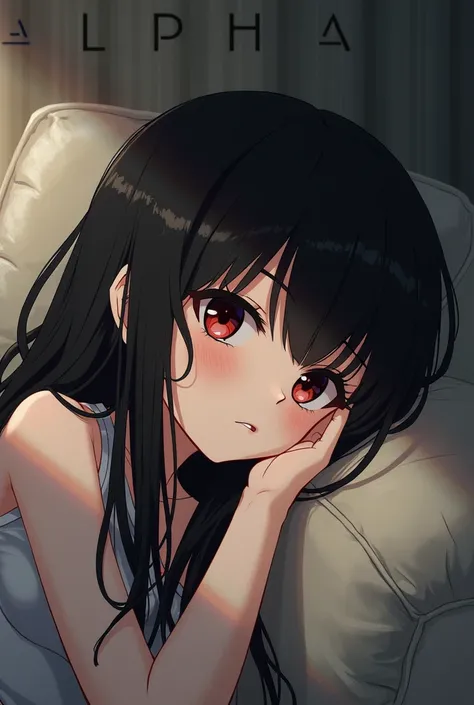 Anime girl with black hair and eyes with red cheeks lying on couch calling alpha in font..  




