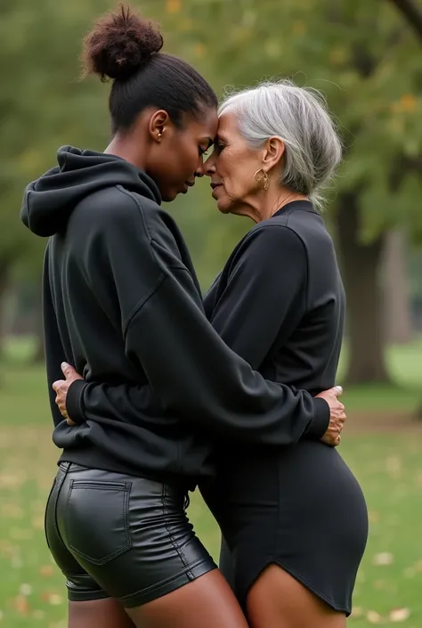 black woman hair in a bun black hoodie black leather short shorts bending over getting fucked in the ass by a old ugly woman in a dress in a park
