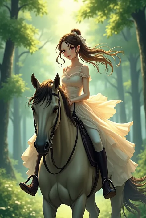 a beautiful anime style girl riding a horse, looking back, detailed facial features, elegant riding pose, lush forest background, digital art, highly detailed, photorealistic, 8k, cinematic lighting, vibrant colors, masterpiece