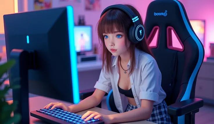 a young teenager, blue eyes, brown hair. white shirt, nude belly, and a short plaid skirt. sitting in a gaming chair, playing on the computer and using headphones 