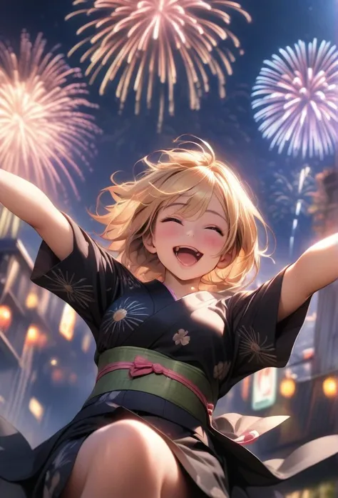 masterpiece, best quality, very aesthetic, absurdres, HDR, photorealistic, wide shot, 1 girl, blonde hair, yukata, open mouth, happy, spread legs, spread arms, in sky, night sky, Fireworks are shooting up all over the background.