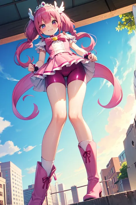 nsfw、anime、1 girl、Cure Happy、Pink Hair、(Large curly hair with low pigtails)、Feather ornament、skirt、Tiara、Wrist cuffs、(Pink shorts)、(skirtの下のPink shorts)、boots、Happy smile、(Shiny fabric)、Cowboy Shot、Pink Gemstones、Standing、blush、(Beautifully detailed eyes)、...