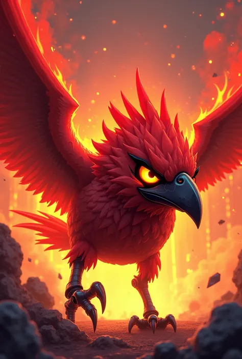 Create a image of redish cyber angry bird cartoon  with red and fire background