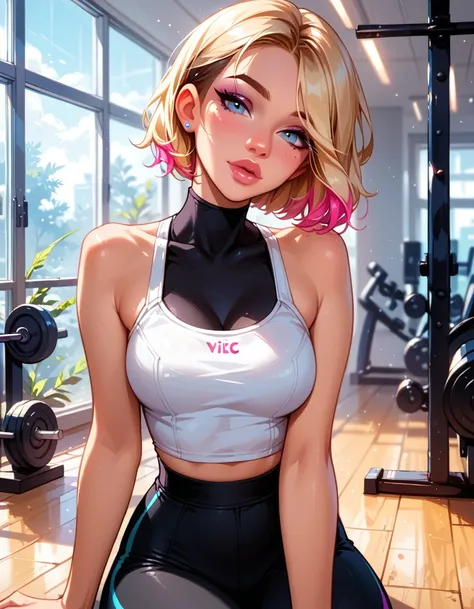 score_9, score_8_up, score_7_up, rating_questionable, epiCPhoto, 1girl, very sexy (short hair Gwen Stacy, colorful highlights:1.1), beautiful waifu, yoga pants, in gym, thicc, solo, cute, flirt, gaze, sexy look, half-closed eyes, head tilt, filled lips, th...