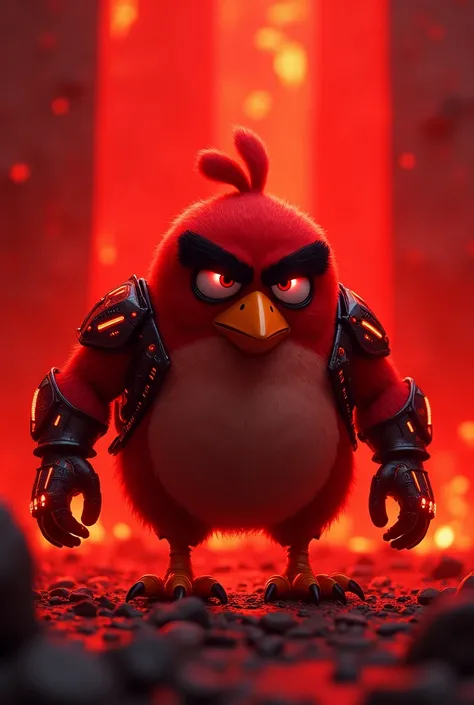 Create a image of redish cyber angry bird cartoon with red and fire background