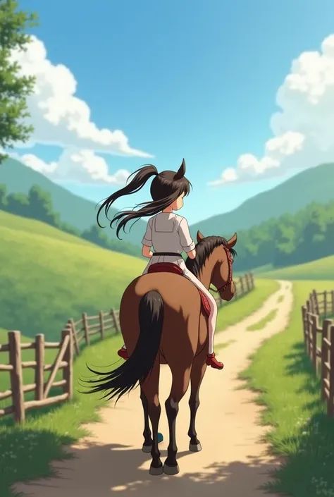 A girl with pigtails turns around and walks away on horseback.