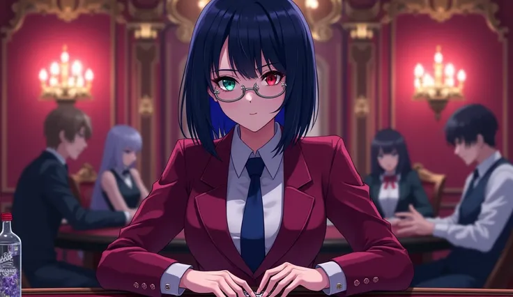 dark blue bob、internal staining （Purple red）、different color eyes（Left red、Right olive green）、wear glasses（silver frame） Purple red套裝配深藍色領帶、 Female dealer in neutral dress、casino、Holding playing cards、sitting at gambling table、anime style