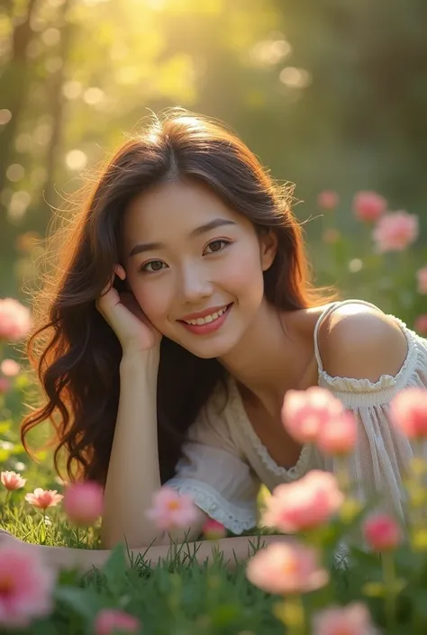 (best quality,realistic,photorealistic:1.37),woman lying down,photography,natural lighting,vibrant colors,serene atmosphere,soft shadows,close-up of face,gentle expression,detailed eyes,detailed features,flowing hair,relaxed posture,peaceful garden setting...