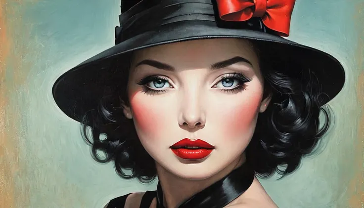 painting of a woman wearing a black hat with a red bow, by Wayne England, otto schmidt, by Yoshihiko Wada, by Tina Blondell, by Dave Kendall, inspired by Vladimir Tretchikoff, by Paul Bird, by Hugh Hughes, detailed face with red lips, inspired by Alberto V...