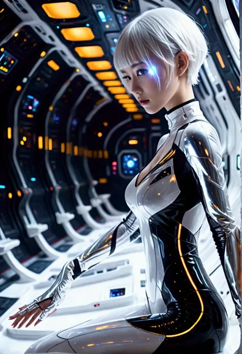 ((Photorealistic、Full live-action version、Ultra-high definition images、An unprecedented masterpiece))、(((The contrast between the dark, pitch-black universe and the white interior of a futuristic spaceship、Inside a pure white spaceship)))、((A 20-year-old w...