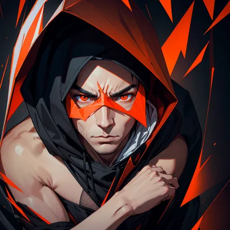 "Mysterious male figure with hood covering his face, with them forming a triangle shape creating an air of anonymity and secrecy. Dramatic background with intense colors (red and orange), conveying urgency and intensity. The person must appear enigmatic an...