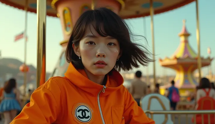 A girl in a orange Chanel spacesuit outfit, 20 years old, with short hair, in a retro-futuristic amusement park, riding a merry-go-round, crying, 60s high fashion, colorful, vibrant, detailed, cinematic, (best quality,4k,8k,highres,masterpiece:1.2),ultra-d...