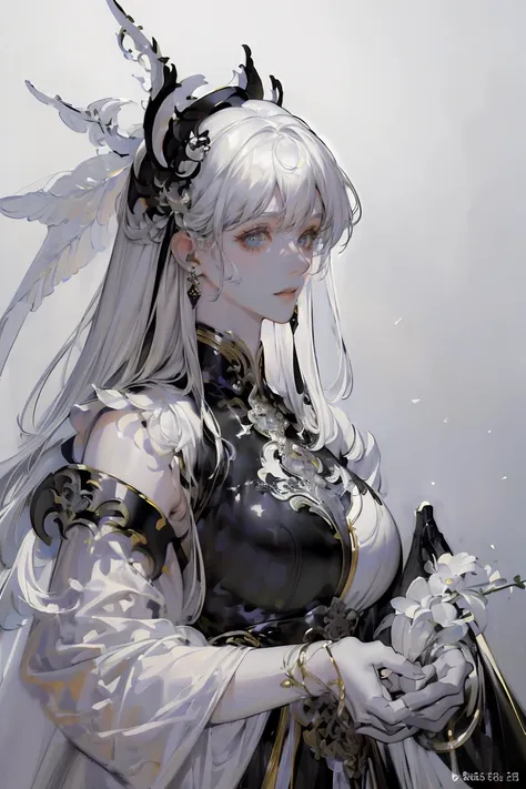 (black and white color scheme:1.4)close-up of a woman in a white dress, chengwei pan on artstation, ian j., detailed fantasy art...