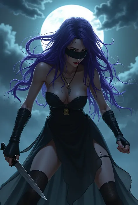 Score_9, Score_8_up, Score_7_up, Medasa Rider, Ride Medusa, Long Hair, very Long Hair, Purple Hair, Facial scars, Mark on forehead, Knee socks, dress, Clevis, Bare Shoulder, sleeves, black dress, collar, Strapless, Strapless dress, Blindfold, (Out of the w...