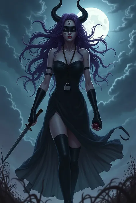 Score_9, Score_8_up, Score_7_up, Medasa Rider, Ride Medusa, Long Hair, very Long Hair, Purple Hair, Facial scars, Mark on forehead, Knee socks, dress, Clevis, Bare Shoulder, sleeves, black dress, collar, Strapless, Strapless dress, Blindfold, (Out of the w...