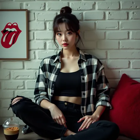  Cinematic A beautiful Korean woman with smooth white skin, a perfectly groomed face, her hair tied up in a bun with Korean-style bangs, wearing a black and white checked shirt rolled up to her elbows, trendy trendy Korean style , black undershirt  ,eyes l...