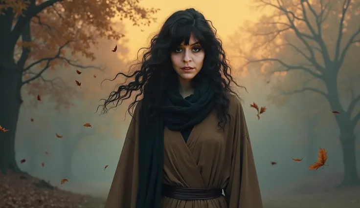 Woman with dark plain scarf, long curly hair, blue eyes, Expression of sadness, brown sackcloth clothing, dark waist ribbon. Background with sunset in autumn, falling leaves in the background with a dense fog.