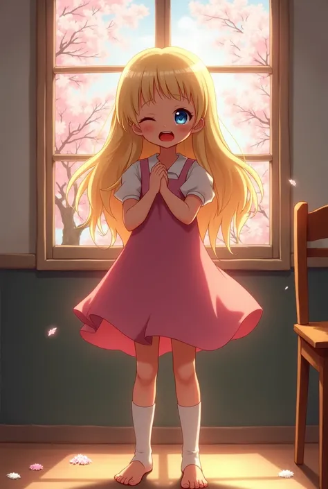 masterpiece, best quality, high resolution:1.4), 1girl, solo,full body, beautiful, very young, penny peterson, long blonde hair, hair lit up, glowing hair, hairband, pink dress, blue eyes, red lips, white tube socks, no shoes, cute art, cute smile, one eye...