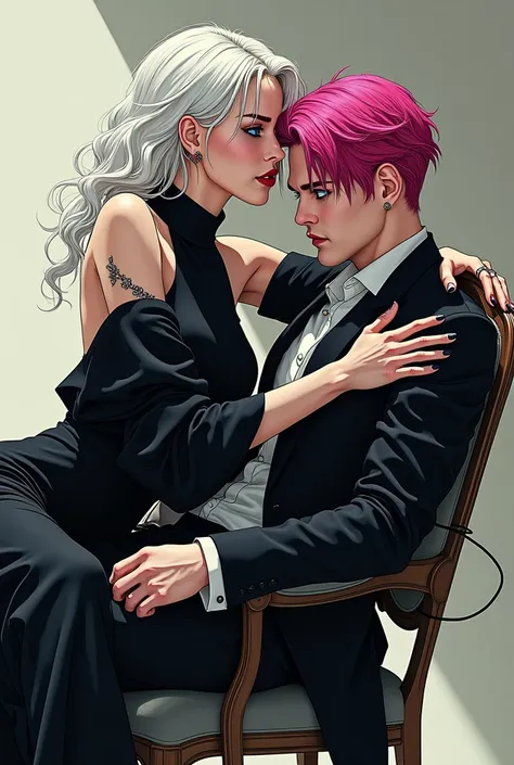 A strong female figure, white hair, black eyes, modern and rich clothing, kissing a man, pink hair, blue eyes tied to a chair by a string. Manhwa style