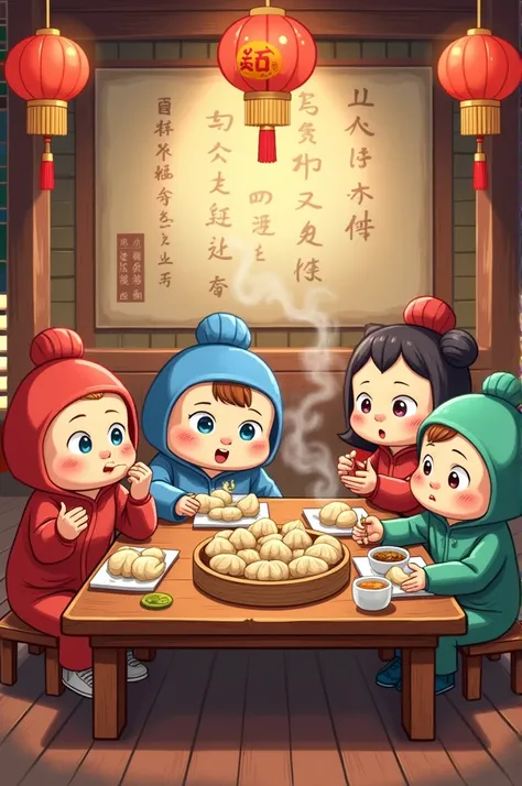 Cartoon people eating steamed dumplings