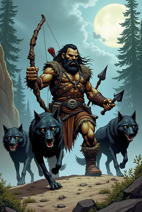 Comic ART orc Hunter with black wolfs