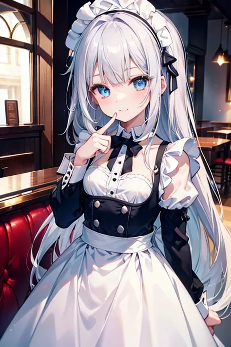 High resolution、Young、girl、Small breasts、Crystal-like hair、Silver Hair、Long Hair、Beautiful white skin、Beautiful blue eyes、smile、Coffee shop、Maid uniform、Touch your chin with your right index finger、Looking up