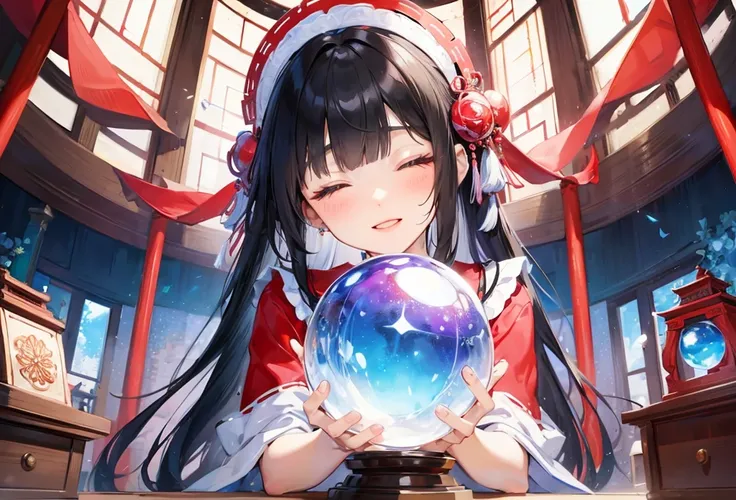 (beautiful and delicate), (Fortune telling style), (pov, frontale) (a beautiful detailed blunt bangs hair) (beautiful delicate black hair long hair) (immensely beautiful fortune shrine maiden girl is 15 yo), (best love closed eyes, ecstasy smile), in a shr...