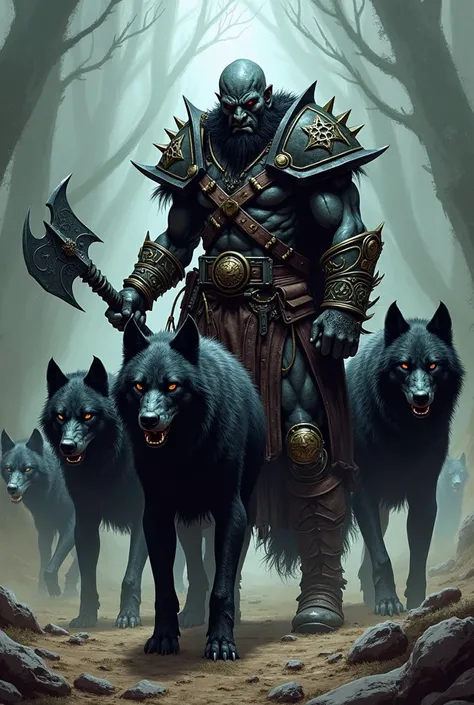 Comic ART diabolic orc Hunter with black wolfs