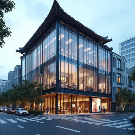 A glass oriental building on a commercial street，With gazebo，Chinese cornice，Fashion brand pop-up store，Transparent Media，The interior of the building glows，Imaginative concept design，Professional Photography