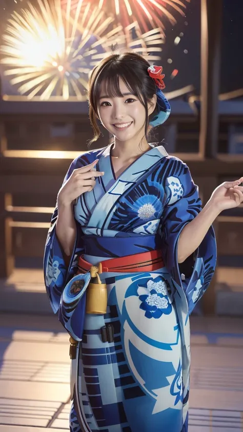 masterpiece, 4K, Bokeh, Beautiful Face, (Japanese Idols:1.6), break
(Wear a blue yukata with attention to detail:1.5), (Happy smile:1.35), (Pose), (Carrying a traditional Japanese bag:1.2,), 
break,
((Beautiful fireworks against the night sky)), 
break, (R...