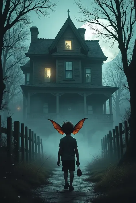 Make a horror movie poster "a big-eared boy went to a haunted house"