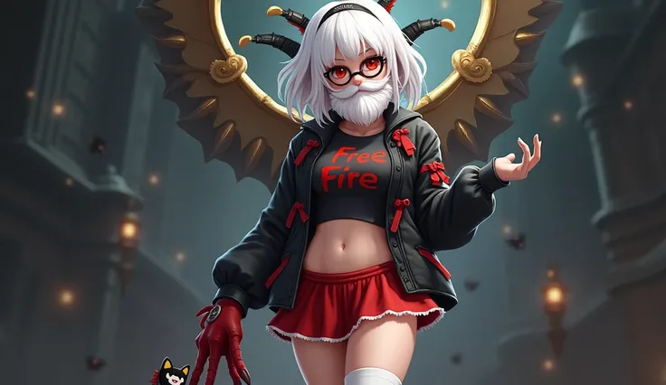 Free Fire game style female characters, with white hair a golden and red dracula behind the hair, a white beard like the one in free fire, a round all black glasses, short half-shirt with long sleeves and red glove, written in red on the brush "FREE FIRE",...