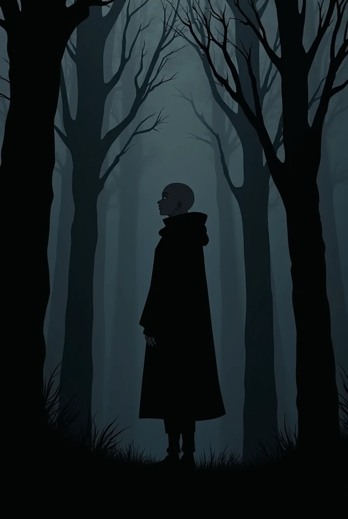 Black silhouette of a bald anime guy,standing sideways against the backdrop of a gloomy black forest