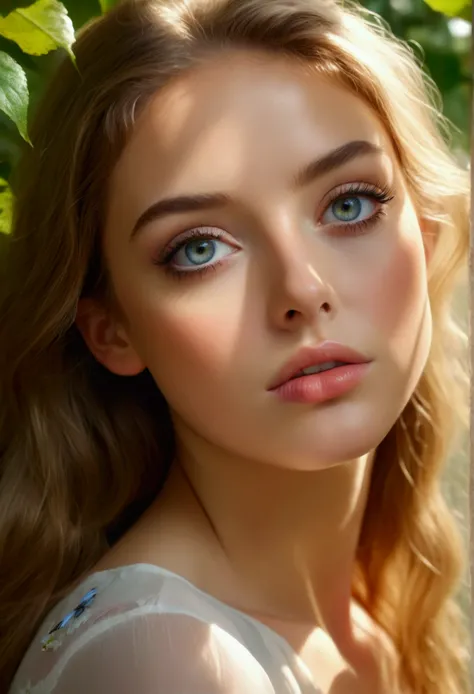 A girl in a garden, beautiful detailed eyes, beautiful detailed lips, extremely detailed eyes and face, long eyelashes, 1girl, oil painting, lush foliage, butterfly, sunlight, (best quality,4k,8k,highres,masterpiece:1.2),ultra-detailed,(realistic,photoreal...