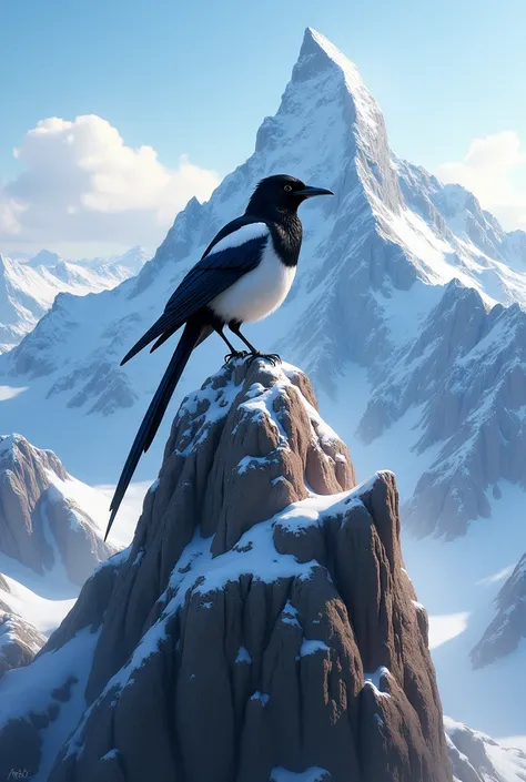 Draw a magpie and a mountain