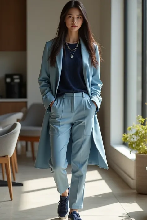 A tall and slender young woman with long dark hair parted in the middle is dressed in a stylish light blue overcoat paired with long, tailored light blue dress pants and dark blue sneakers. She wears a dark blue sweater underneath, accessorized with a silv...