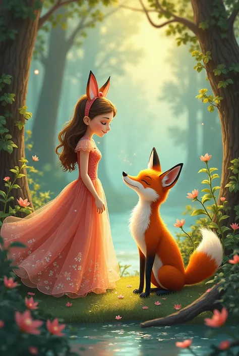 Create an illustration of a princess and a fox 

