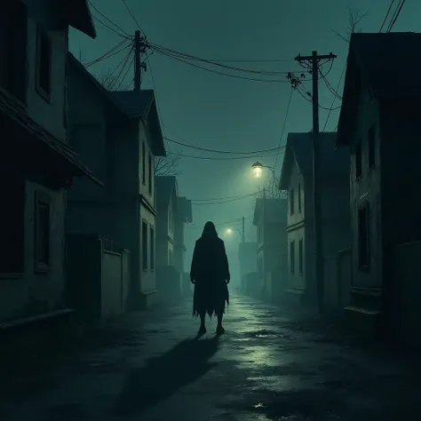 A dimly lit, eerie street with old, abandoned houses. Shadows stretch unnaturally long under flickering streetlights. The atmosphere is thick with mystery, as if something is lurking in the darkness. A figure in the distance appears blurred, adding to the ...