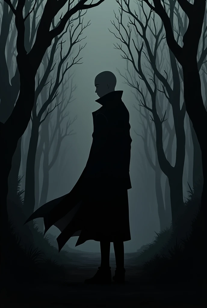 Black silhouette of a bald anime guy in a coat,standing sideways against the backdrop of a gloomy black forest