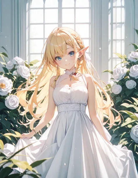 彼女はelfの女王、blonde_braided ponytail＿elf_white dress with slit＿a kind smile、white garden、(high quality、score_9， score_8_superior， s...