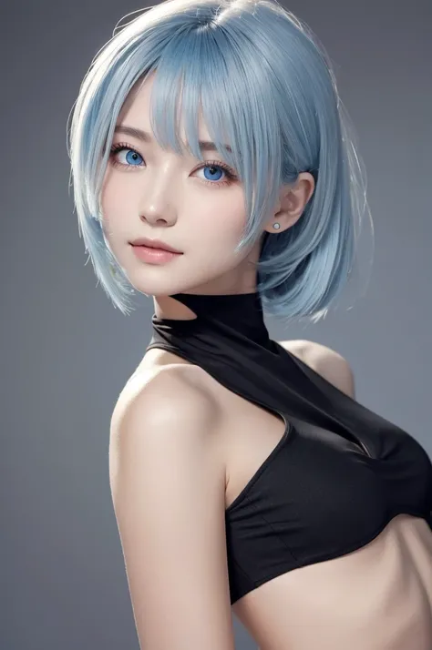 Skintight Black Top:1.2, Watching the audience, Cinema Lighting, perfection, , High Resolution Skins:1.2, Realistic skin texture, 14 years、Small Face、No makeup、, Off the shoulder,B Cup、Small cleavage, Grey Eyes, Long Hair, Light blue hair、Full nudity、Gray ...