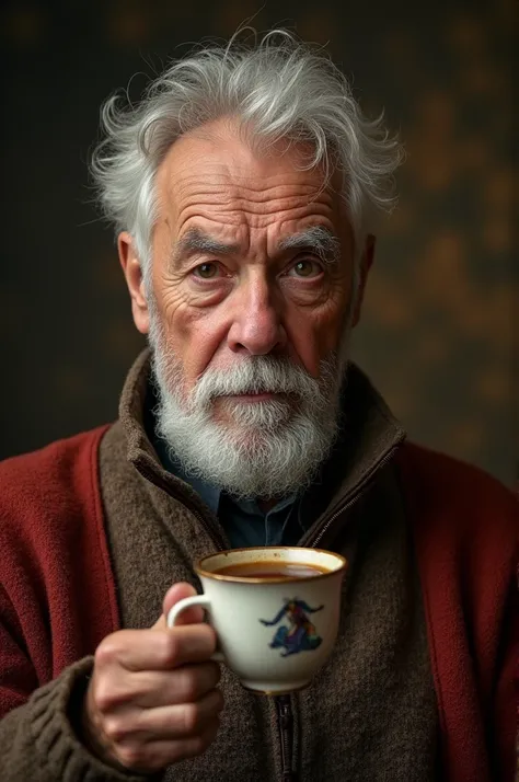 Believe me, a photo of a 60-year-old man is the most real thing  , only half of the body, which is tea looking straight ahead with a medieval background