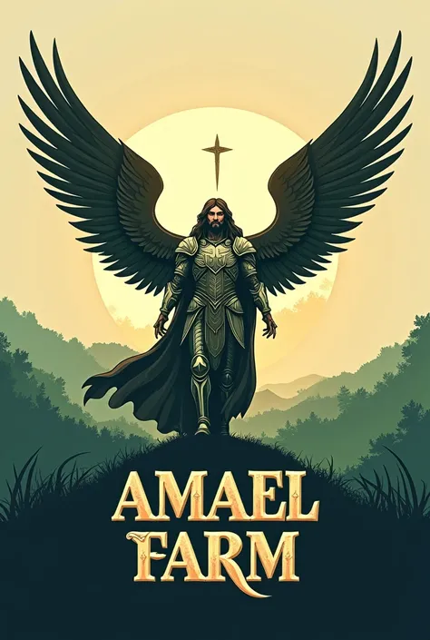 CREATE A LOGO AMAEL FARM MY PEOPLE AND GOD BELOW IN PORTUGUESE WITH A WAR ANGEL