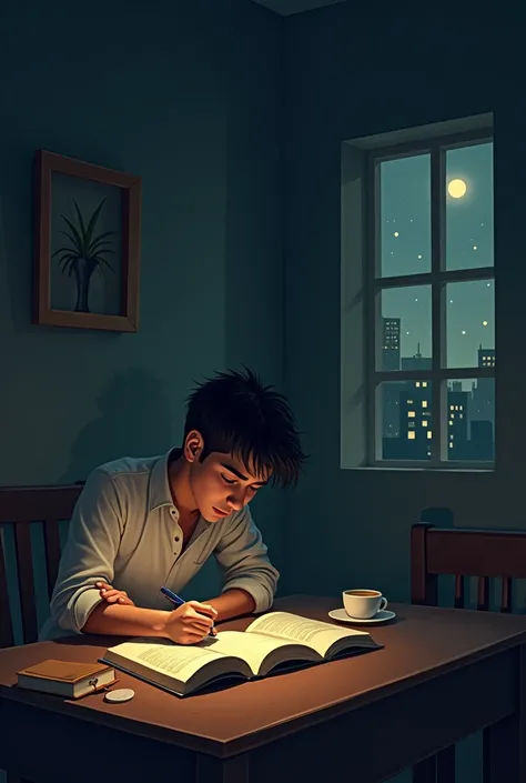 
4. **Scene 4**: Kishan sitting in a small **room** with a **single light bulb**, working late at night with **three books** open in front of him and a cup of **one** tea beside him. The room is modest with **one wooden chair** and a small **window** showi...