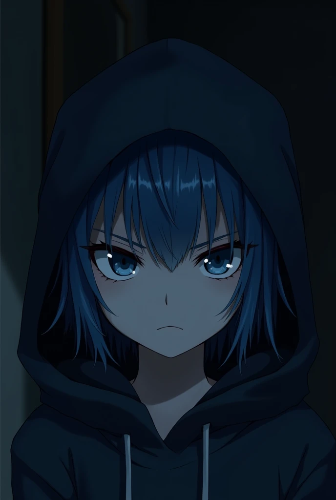 A girl blue hair and blue eyes anime Blck Hoodies attitude in dark room have a Joline age 15