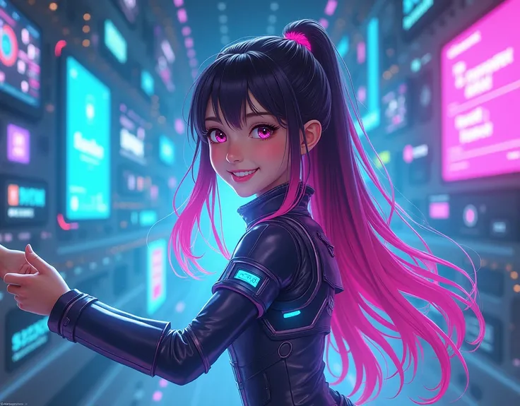 A futuristic cyberpunk scene featuring a young, child-like female character with a cheerful smile. She has long, flowing hair with neon pink highlights and is wearing a high-tech outfit with glowing blue and silver accents. She is looking back over her sho...