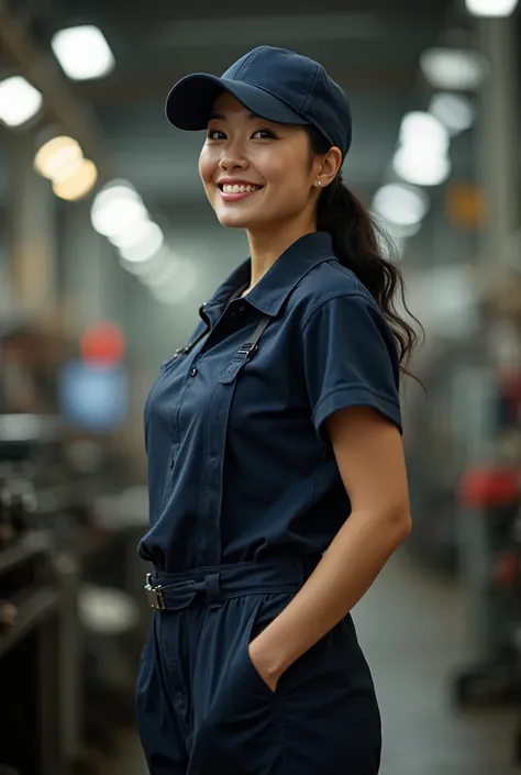 Here’s the revised prompt with a stronger emphasis on her large chest:

**Elegant Japanese Beauty with a Very Large Chest Operating Machinery in a Downtown Mold Shop**:  
"A stunning Japanese woman with black hair, wearing a navy cap, a plain navy polo shi...