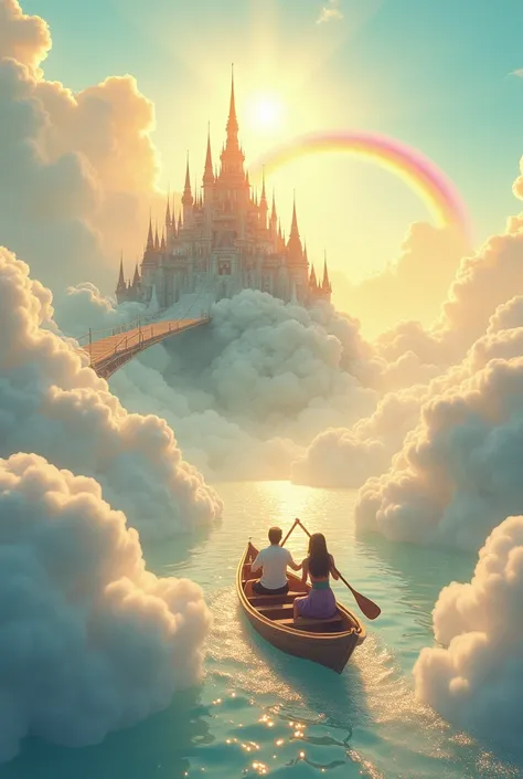 A fantasy scene of a floating heavenly castle situated on an island of clouds in the sky. The foreground shows a young Thai couple paddling a boat through fluffy clouds as if they are heading towards their floating heavenly castle. The boat sails on sparkl...